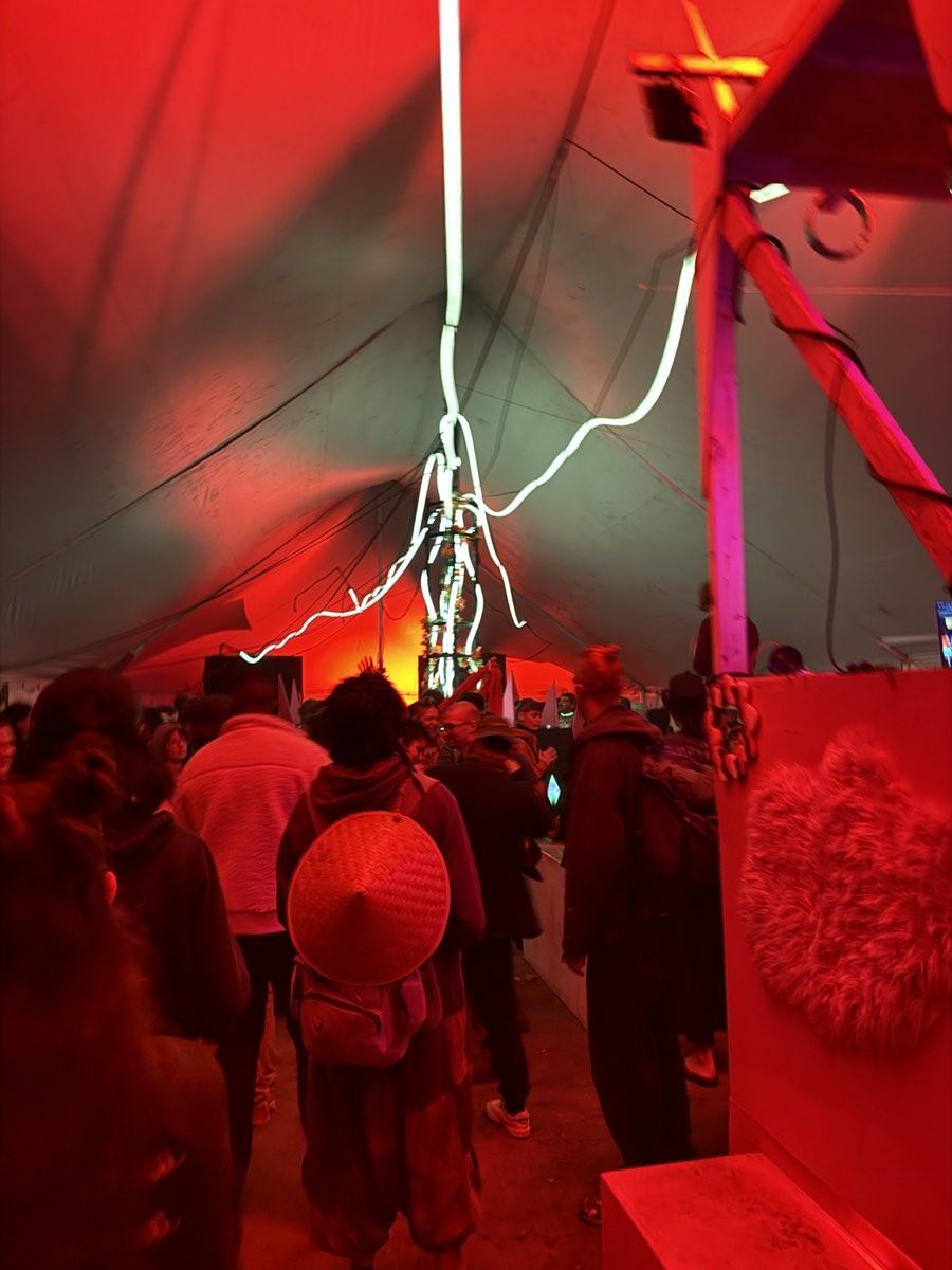 The crowd beneath the lit tubes during the festival