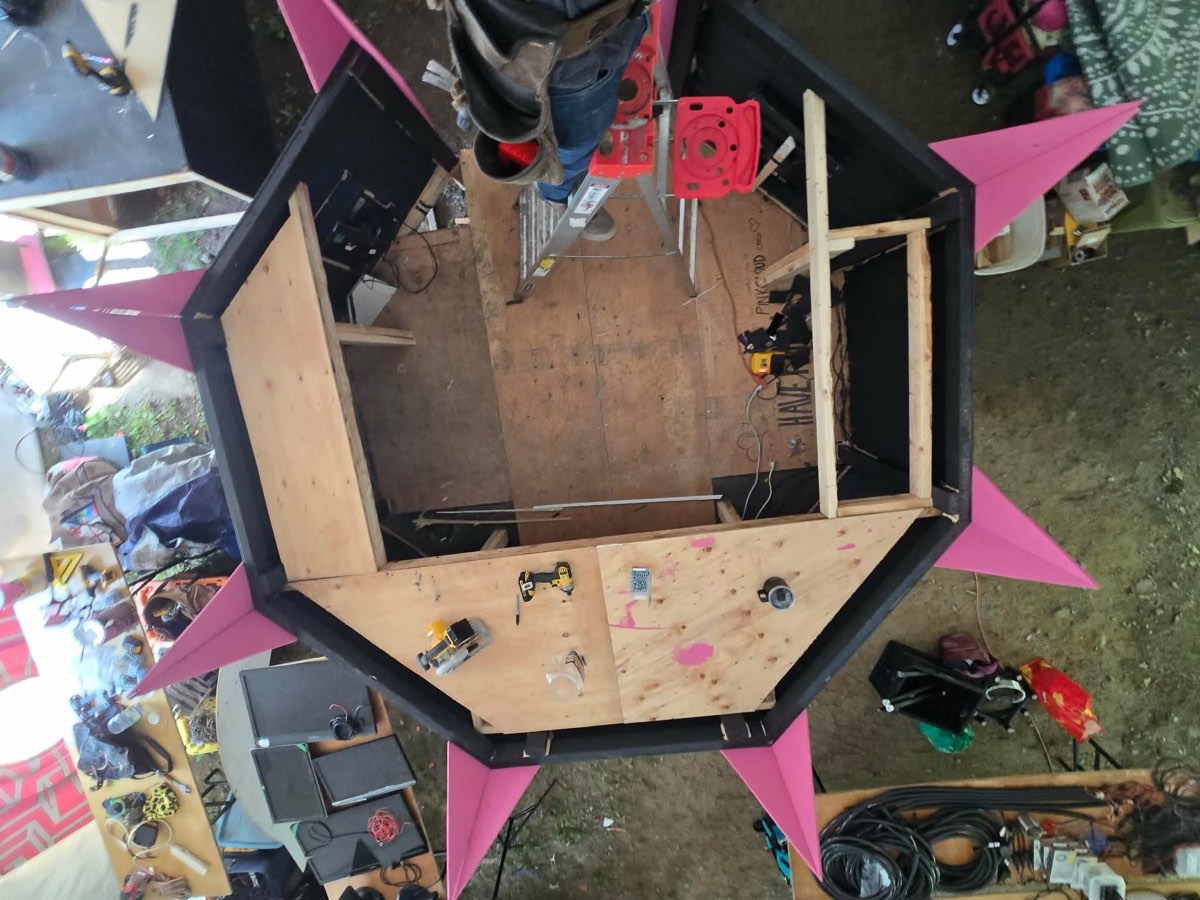 Top-down view of the octagonal booth under construction