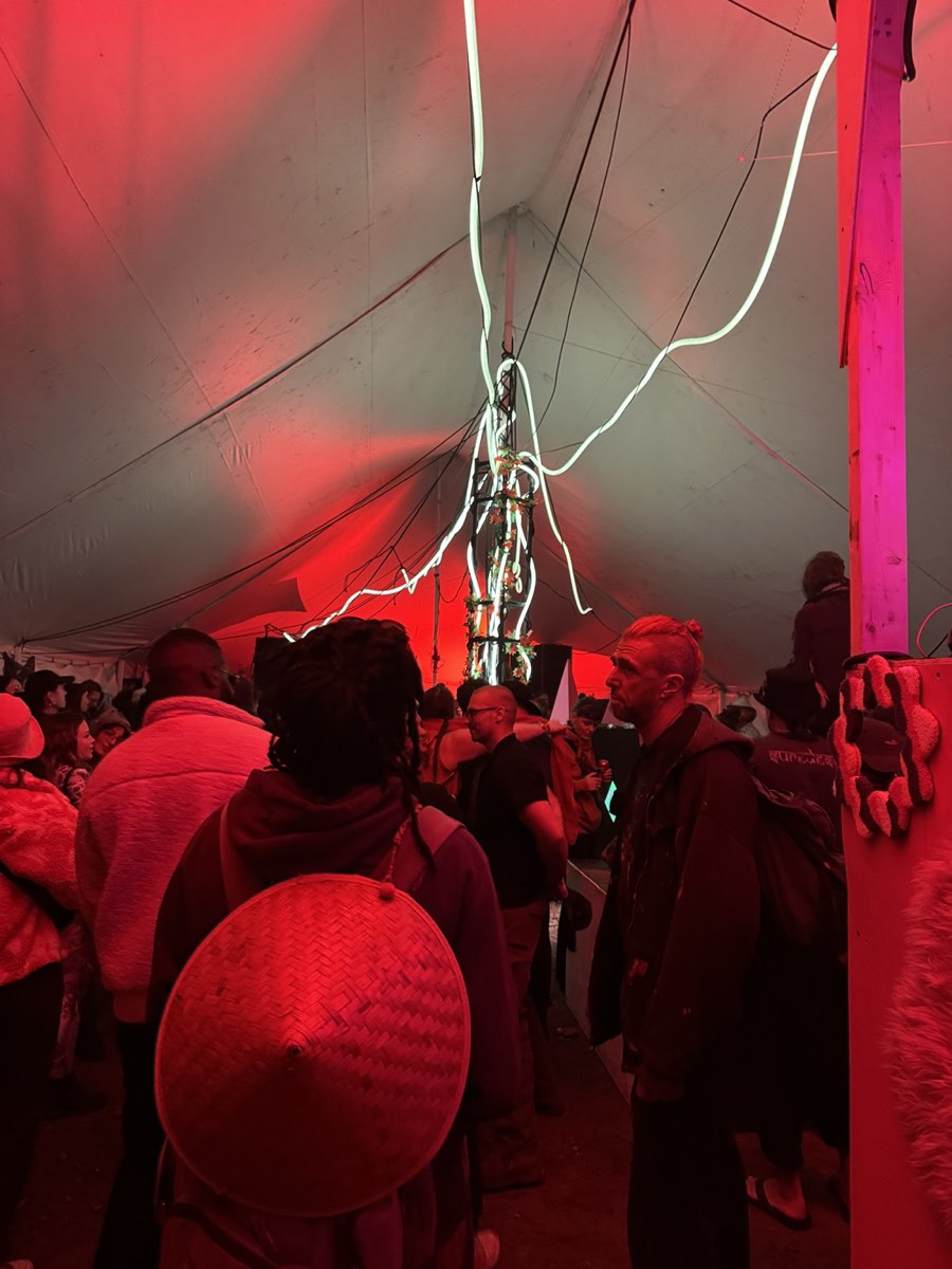 Crowd under the tent with the white light tubes branching overhead in red haze