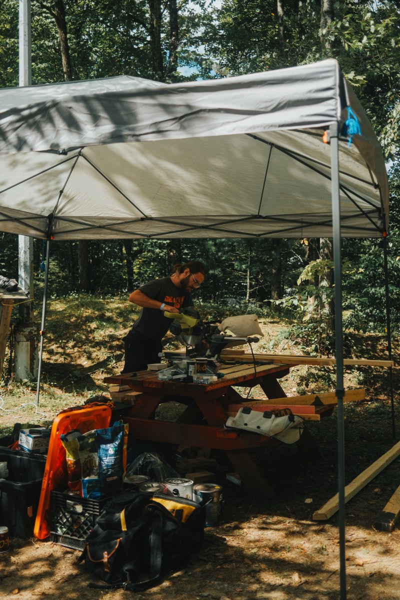 Timber cutting at the outdoor work station under a canopy