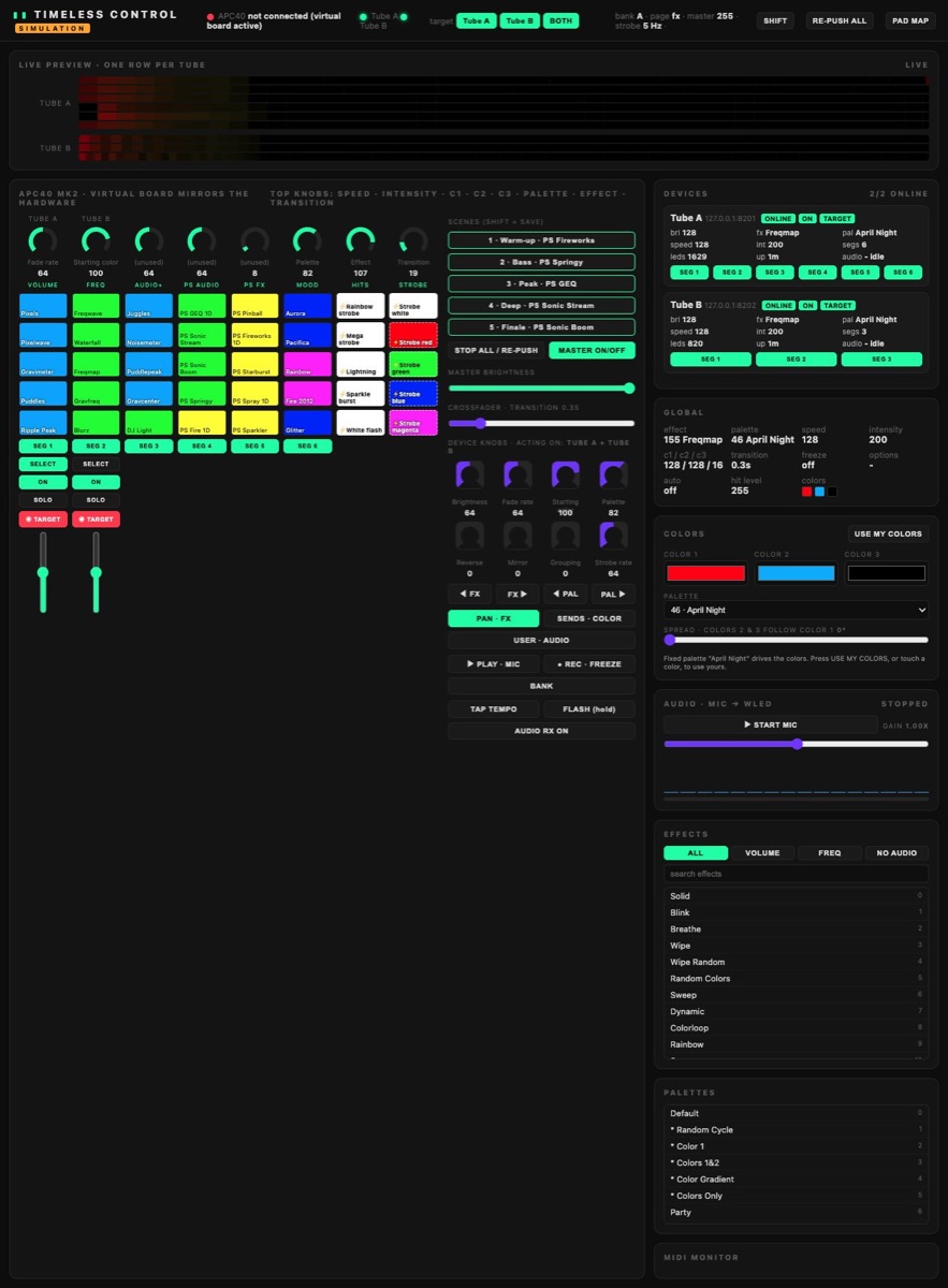 Screenshot of the Timeless Control web interface, with a live tube preview, an APC40-style pad grid, device panels and effect lists